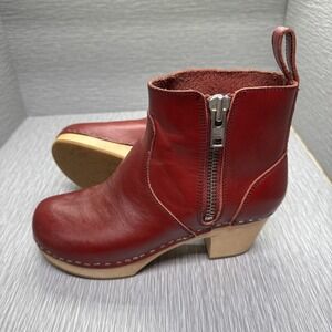 Swedish Hasbeens Women's Burgundy Leather Clog Boots EU 37 US 6 6.5 Wood Heel